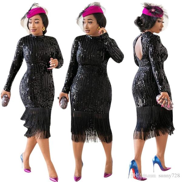 

black tassels women party dresses sparkle sequins long sleeves crew neck sheath mid calf zipper back stunning nightclub dresses, White;black