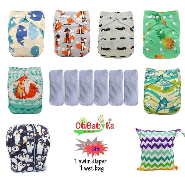

ohbabyka washable diapers 6pcs +6pcs microfiber inserts + 1swim diapers + 1wet bag waterproof pocket newborn nappy