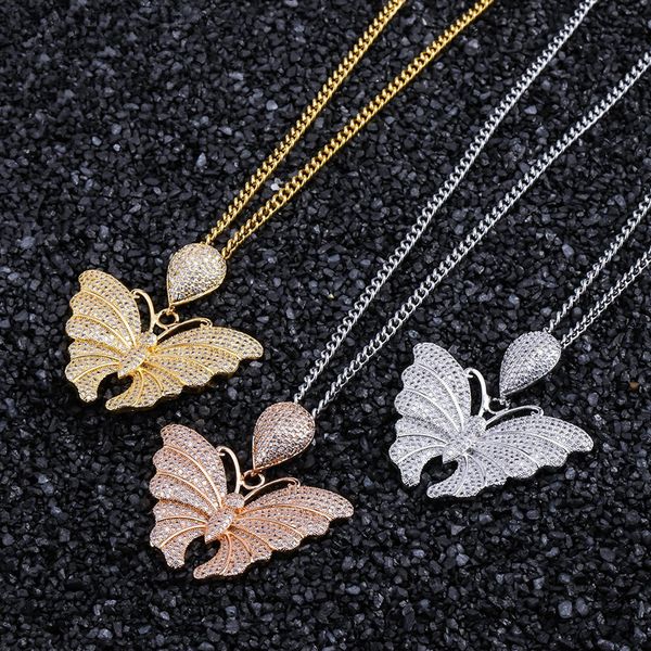 

wholesale- butterfly pendant necklace cubic zirconia bling ice out animal necklaces for men rapper jewelry, Silver