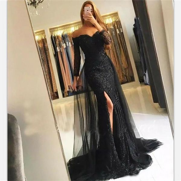 

elegant black lace mermaid prom dresses side split v neck off shoulder evening gowns 3/4 sleeves formal dress vestidos de fiesta ed1338, Black;red