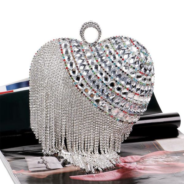 

designer- special heart shape evening bag luxury tassel diamond day clutch gold women wedding bags chain handbag totes bolsos mujer zd372