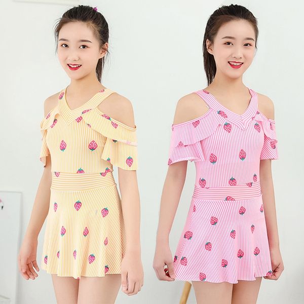

tfb9h 2020 female flounced princess dress striped conservative 2020 children's female flounced swimsuit princess dress striped children, White;black