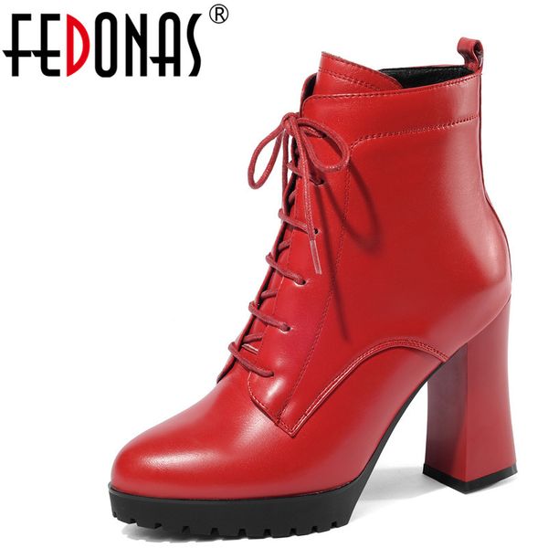 

fedonas 1fashion women ankle boots genuine leather autumn winter warm high heels shoes cross-tied platforms quality shoes woman, Black