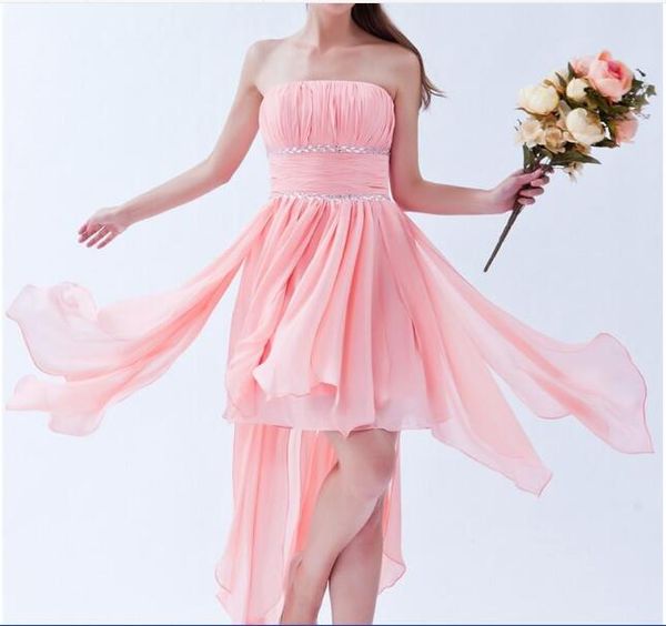

strapless crystal a-line homecoming dress with pleat chiffon hi-lo graduation prom party gown bh13, Red