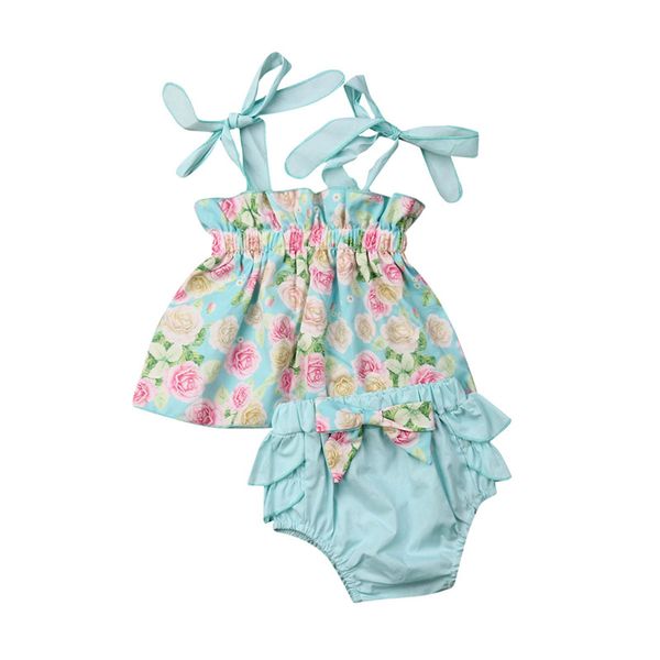 

newborn kids baby girls clothes off shoulder strap floral print sleeveless pullover vest bow solid briefs 2pc toddler outfits, White