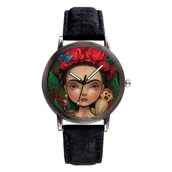 

fashion casual no digital dial cartoon girl personality cowboy strap luxury dress denim quartz watch, Slivery;brown