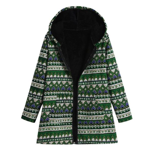 

klv 1pc women coat plus size casual hooded long sleeve cotton linen fluffy fur zipper green regular coat outwear z1126, Black