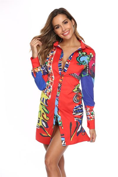 

Digital Printing Womens Shirt Dresses Fashion Summer Short Sleeve Lapel Neck Print Sexy Ladies Dresses With Button