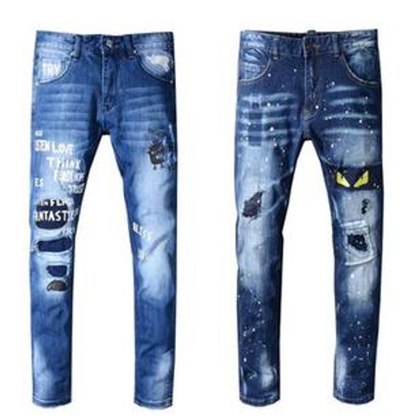 

brand mens jeans distressed ripped designer biker jeans slim fit motorcycle biker luxury denim jeans autumn fashion mens designer pants, Blue