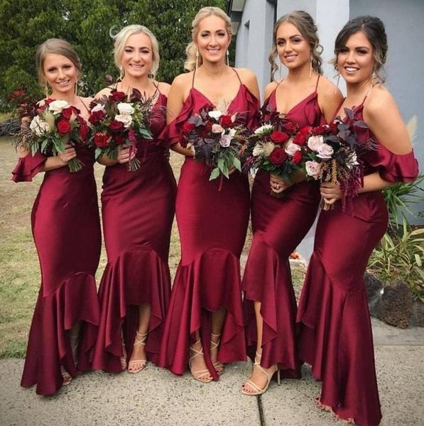 

plus size burgundy spaghetti mermaid bridesmaid dresses off shoulder hi-lo formal prom evening gown long miad of honor dresses, White;pink