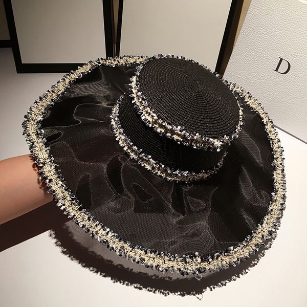 

french high-end graceful straw hat female spring and summer big brim british retro sun hat holiday fashion, Blue;gray