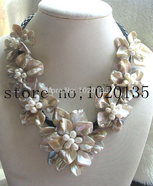 

freshwater pearl white rice and shell flower necklace bracelet 18inch nature handmade wholesale fppj, Silver