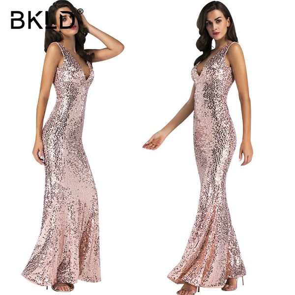 

bkld rose gold sequin party club dress women summer back zipper dresses slim sleeveless v neck mermaid maxi long dress, Black;pink
