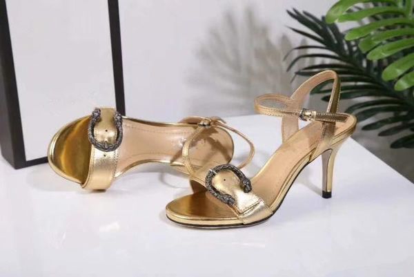 

summer gold dress wedding party sandals genuine cowhide chunky heel women sandals metal buckle scuffs buckle high-heeled leather sandals, Black
