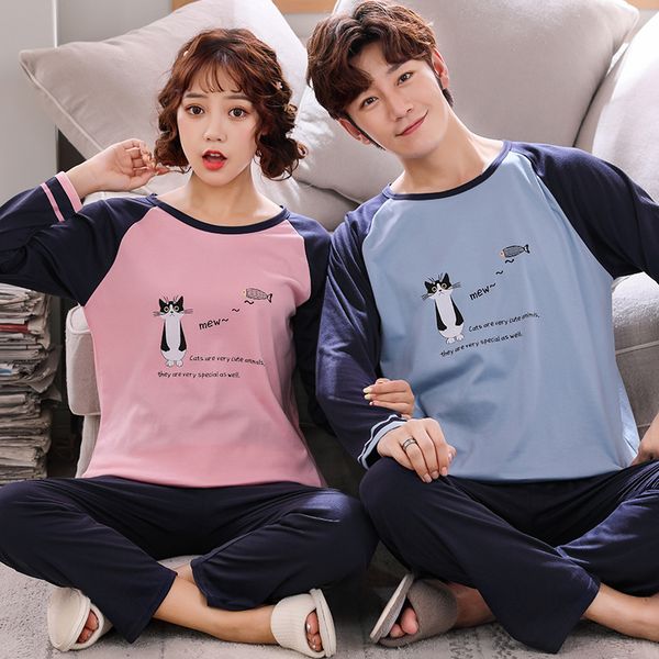 

autumn winter cotton couple pajamas set cartoon long sleeve round neck casual soft plus size -4xl lovers sleepwear nightwear, Black;red