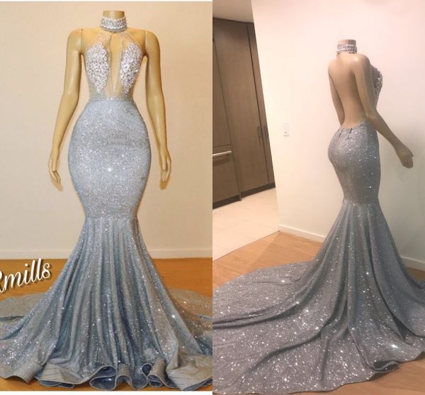 

silver sequined mermaid long prom dresses high neck hollow out lace appliqued backless formal evening gowns long court train, Black