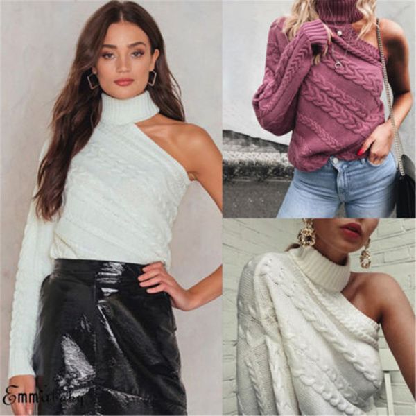 

women knitted one shoulder long sleeve sweater stylish stretchy slim fit pullover, White;black