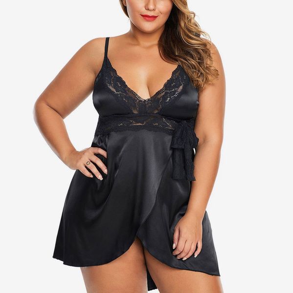 

2020 new underwear plus size lingerie lace underwire racy nightdress+briefs nightgowns women long sleeve p3, Black;red