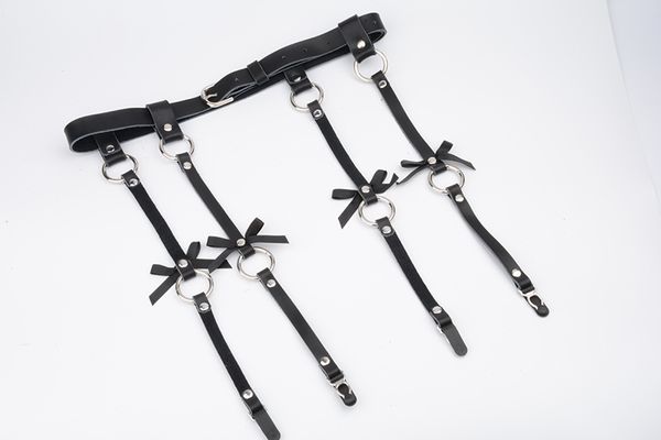 

women men leather waist garter belt for stockings bow handmade punk costume outfit o-round waist belt with 4 suspender, Black;brown