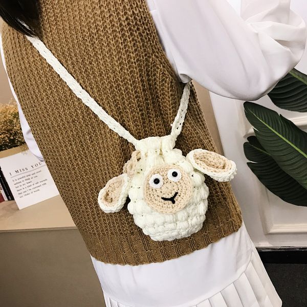 

sheep woolen yarn bag hand woven bag women's messenger mini hand hook knitted women's girl's cartoon messenger