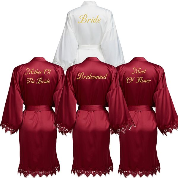 

yuxinbridal burgundy new matt satin lace robe with trim gown bridal wedding bride robes bridesmaid kimono robe bridal robes, Black;red