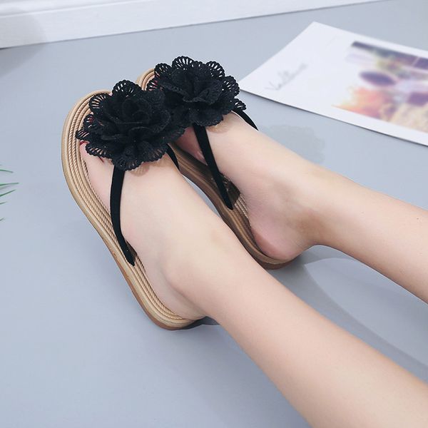 

sagace women's slipper women's summer bohemian flats flip flops shoes ethnic style summer toe large flowers round head flat shoe, Black