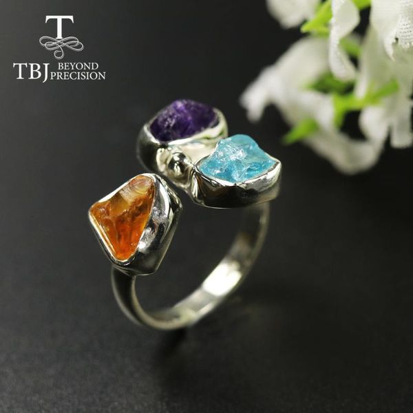 

tbj, 2020 уникальный ручной rough кольцо натуральный аметист цитрин апатит gemstone женщины кольцо 925 штрафа ювелирные изделия подарок парт, Golden;silver