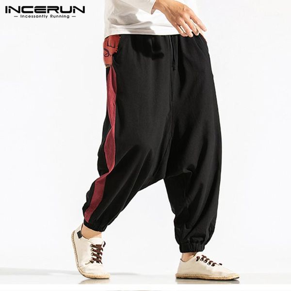 

incerun мужчины шаровары печати лоскутное эластичный пояс бегунов уличная свободные падение промежность брюки повседневные хлопчатобумажные, Black