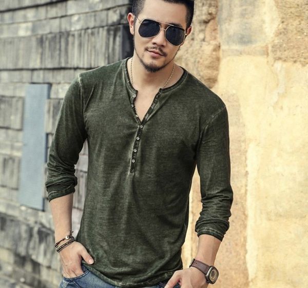 

men tee shirt v-neck long sleeve tee stylish slim button t-shirt autumn casual retro solid male clothing, White;black