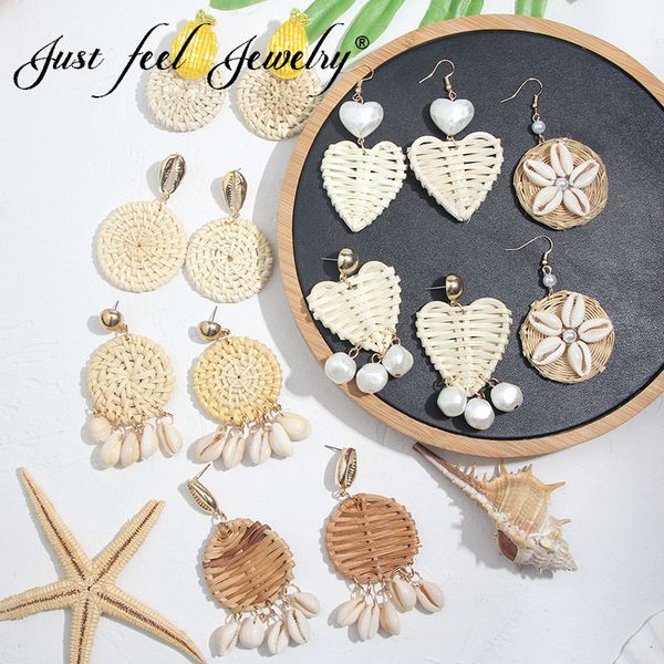 

just feel handmade drop round earrings for women wooden straw weave rattan wedding party gift trendy dangle jewelry accessories, Silver