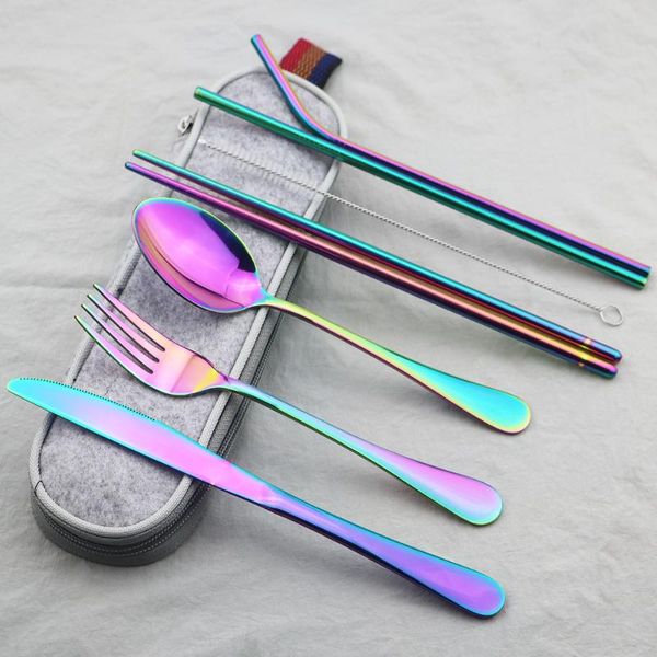 

tableware 8pcs/set 304 stainless steel rainbow cutlery straw dinnerware set spoon fork chopsticks with straw portable case