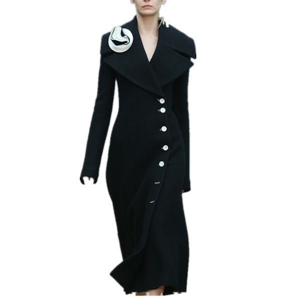 

long woolen coat women fashion winter thick turn down collar slim single breasted cashmere coat plus size 2xl, Black