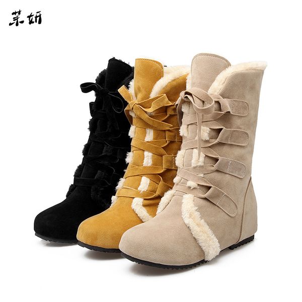

winter women boots snow boots round toe bow tie mid heel wedges warm thermal female fashion platform lacing plus size, Black