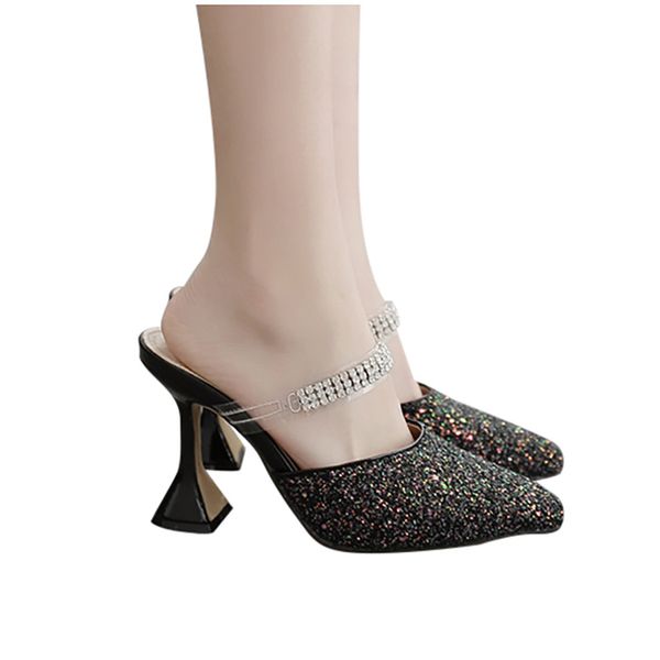 

fashion sequins glitter sansals pure color breathable pointed toe spool heels sandals light ladies slippers plus size shoes, Black