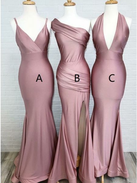 

2022 real p fashion dusty rose long bridesmaid dresses mermaid high slit v neck halter one shoulder wedding party prom formal gowns, White;pink