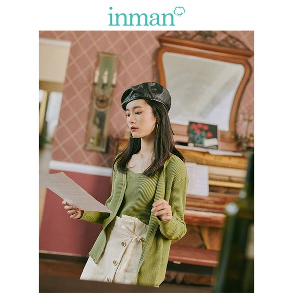 

inman 2019 autumn new arrival young literary style minimalism v-neck long sleeve all matched slim women cardigan, White