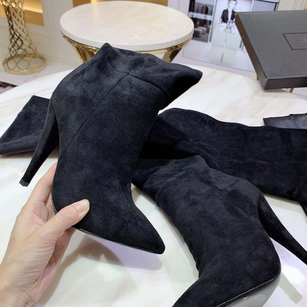 

2019 new thin high heel faux suede boots women pointed toe winter ladies boots chunky heels over the knee long botas mujer, Black