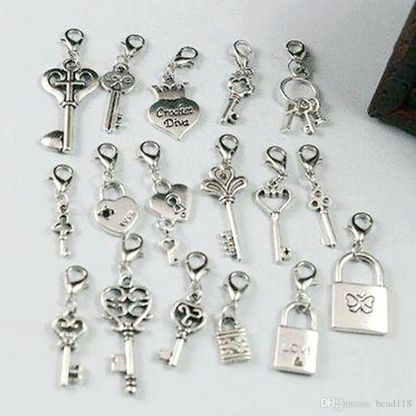 

102pcs antique silver mixed heart crown lock / key dangle beads and lobster clasp diy jewelry 17 style, Bronze;silver