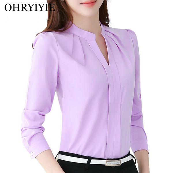 

ohryiyie v-neck women chiffon blouse 2019 spring summer long sleeve office work wear shirt women slim plus size blusas, White