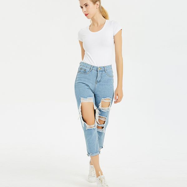 

jeans woman mid waist ankle-length loose straight streetwear ripped hole jeans for women plus size 3xl 4xl 5xl, Blue