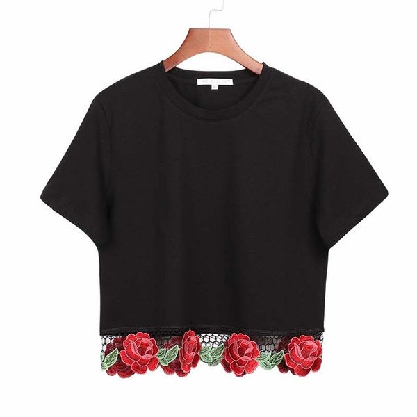 

fashion-new women fashion flower embroidery crop women summer t-shirts short sleeve black femme tee shirt cotton, White
