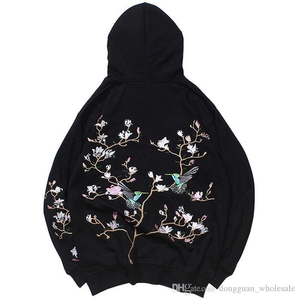 

hip hop hoodie sweatshirt embroidered bird floral mens streetwear harajuku hoodies pullover loose cotton sweat shirt 2019 autumn, Black