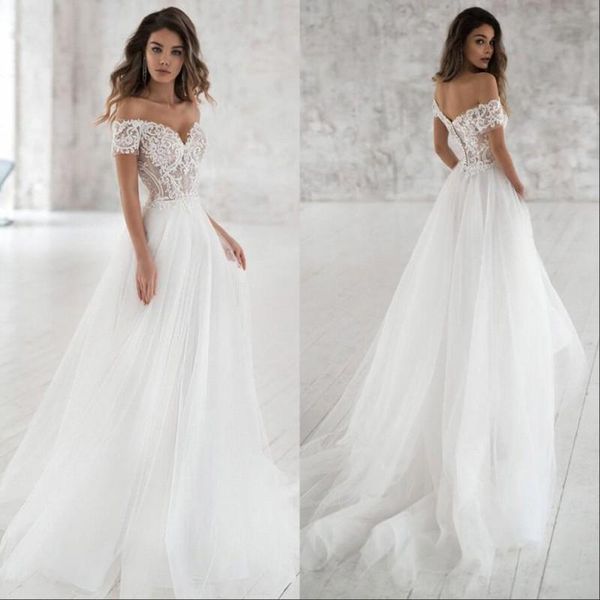 

simple off shoulder lace beach wedding dresses short sleeves tiered tulle lace applique wedding dress bridal gowns robe de mariée, White