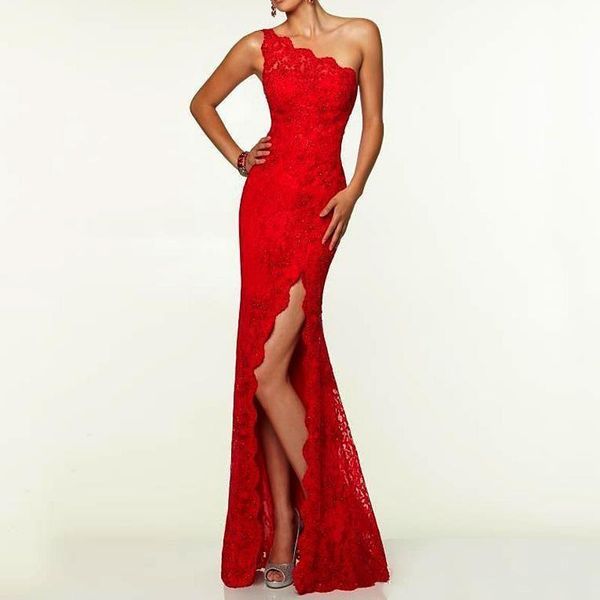 

fashion one shoulder side front split evening dresses long red floor length lace prom party gown 2019 formal lady mermaid dresses 443, Black;red
