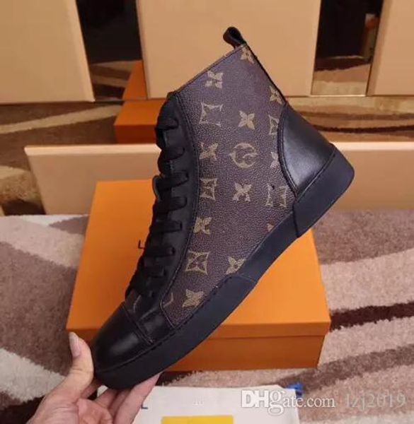 

2018 new luxury classic old flower high help brown leather mens shoes casual small white sneakers size38-45, Black