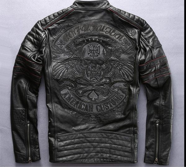 

2017 men black skull embroidery leather motorcycle jacket real thick cowhide slim fit xxxxl russian leather coat ing
