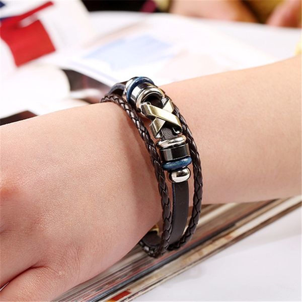 

new fashion vintage real leather wrap x hollow beads charms bangle bracelets pulseira rope punk bracelet bangles jewelry gifts for men women, Golden;silver