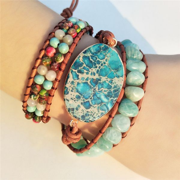 

high end - 3x leather wrap beaded bracelet huge regalite bracelet, boho chic jewelry, bohemian bracelet drop shipping, Golden;silver