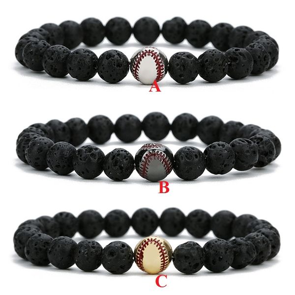 

copper baseball ball charms strand bracelet 8mm black lava stone beads volcano diy essential oil diffuser bracelets wristband jewelry mki, Golden;silver