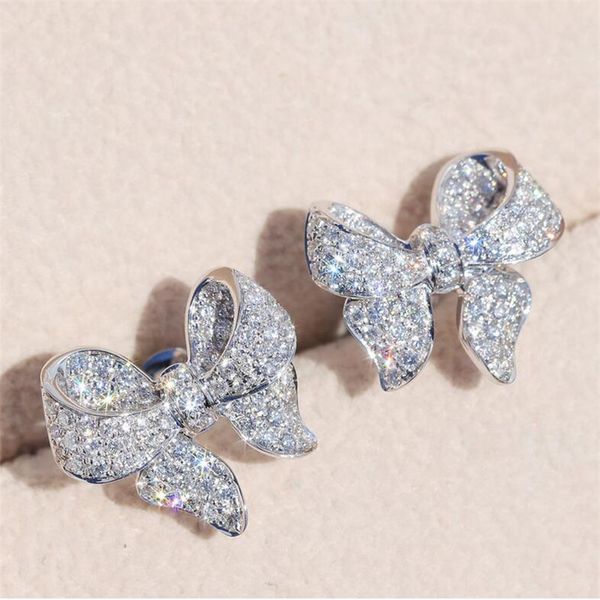 Nuovo arrivo gioielli di lusso in argento sterling 925 pavimenta zaffiro bianco diamante CZ pietre preziose arco partito donne matrimonio orecchino regalo G230602